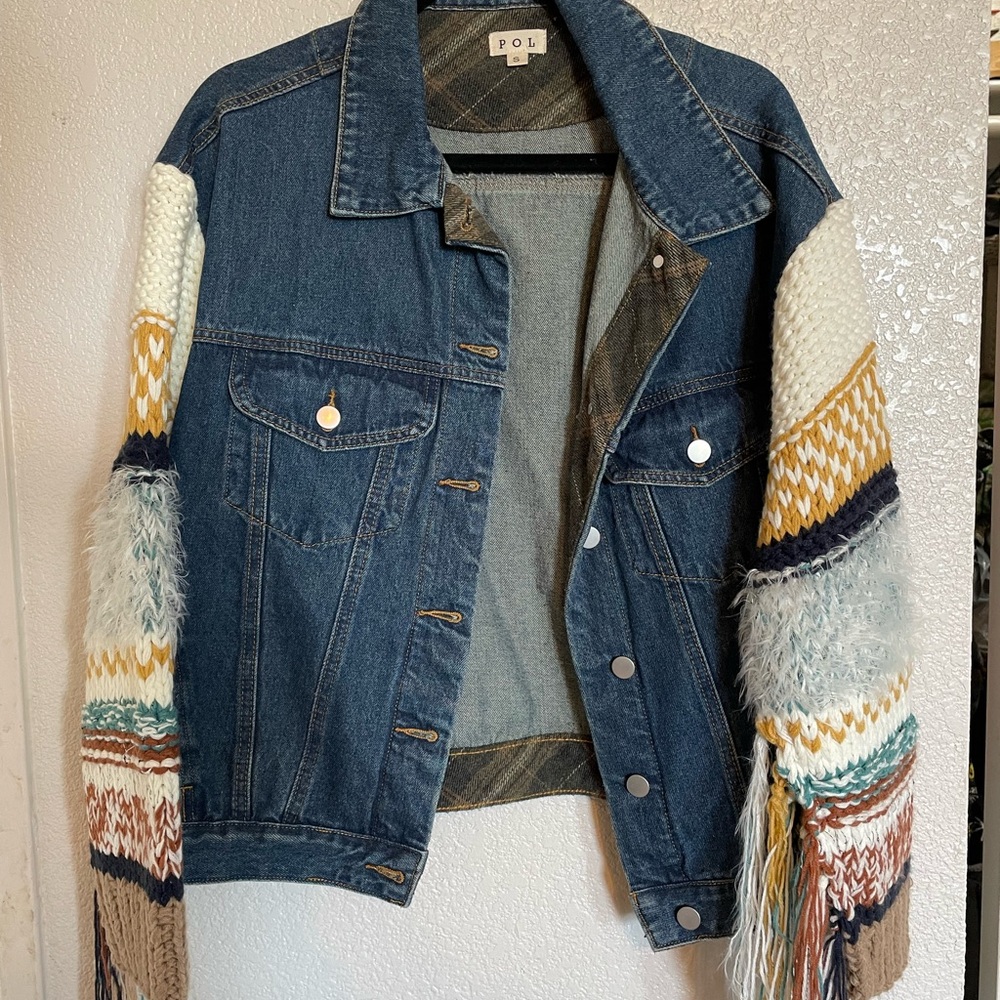 Three Bird Nest Blue Jean Jacket with Patchwork Sleeves